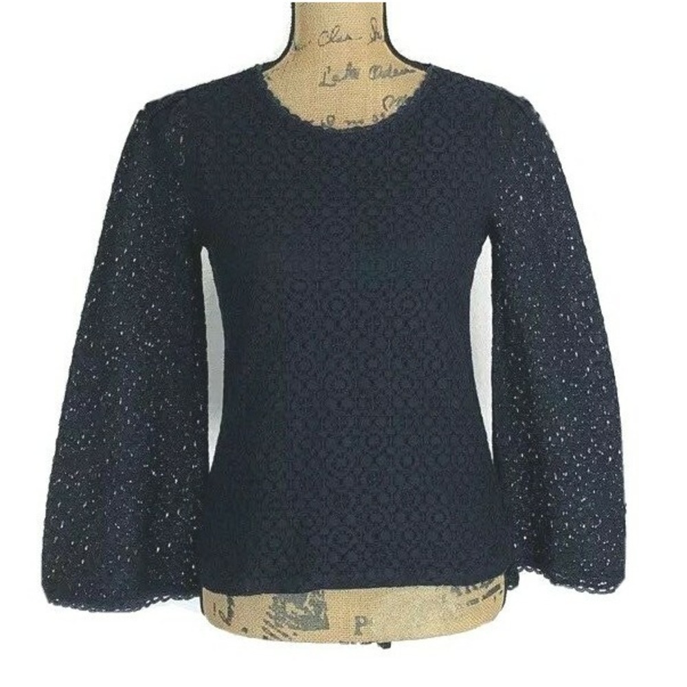 Banana Republic Top SMALL Navy Blue Lace Scallop Flare Sl Back Keyhole Lined
